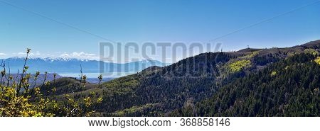 Rocky Mountain Wasatch Front Peaks, Panorama Landscape View From Butterfield Canyon Oquirrh Range By