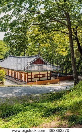 Haeinsa-gil, South Korea; May 26, 2020: Temple Building In Secluded Enclave Surrounded By Lush Green