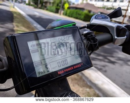 Honolulu - April 16, 2019: Rad Power Bikes Display Screen With 1420 In Odometer.   The Lcd Display I