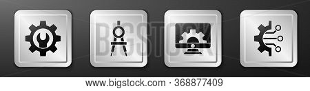 Set Wrench Spanner And Gear, Drawing Compass, Computer Monitor And Gear And Algorithm Icon. Silver S