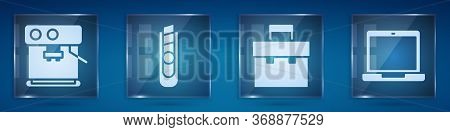 Set Coffee Machine, Stationery Knife, Briefcase And Laptop. Square Glass Panels. Vector.