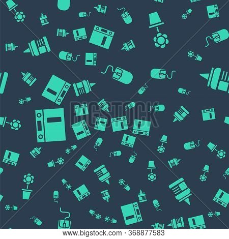 Set Computer Mouse, Flower In Pot, Office Folders And Glue On Seamless Pattern. Vector.