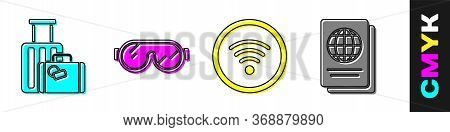 Set Suitcase, Ski Goggles, Wi-fi Wireless Internet Network And Passport Icon. Vector.