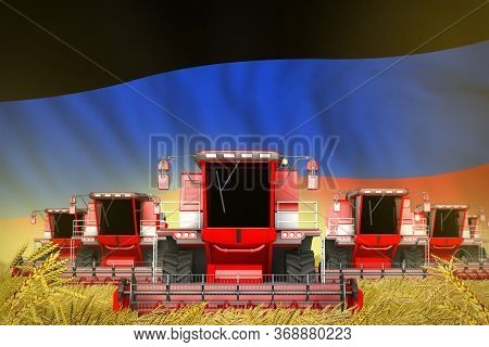 Industrial 3d Illustration Of Many Red Farming Combine Harvesters On Rye Field With Donetsk Peoples 