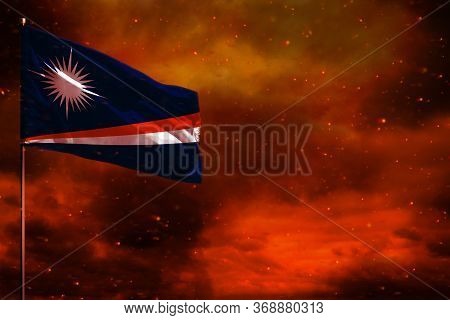 Fluttering Marshall Islands Flag Mockup With Blank Space For Your Data On Crimson Red Sky With Smoke