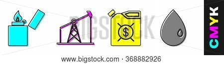 Set Lighter, Oil Pump Or Pump Jack, Canister For Motor Machine Oil And Oil Drop Icon. Vector.