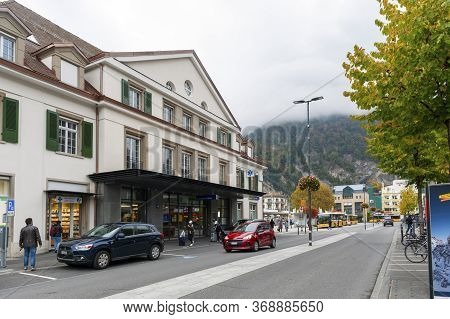 Interlaken, Switzerland - October 2019: Building Exterior Of Interlaken West Railway Station Located