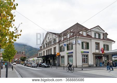Interlaken, Switzerland - October 2019: Building Exterior Of Interlaken West Railway Station Located
