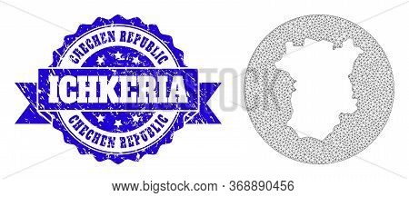 Mesh Vector Map Of Ichkeria With Grunge Seal Stamp. Triangle Net Map Of Ichkeria Is Subtracted From 