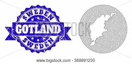 Mesh Vector Map Of Gotland Island With Scratched Seal. Triangle Net Map Of Gotland Island Is Cut Out
