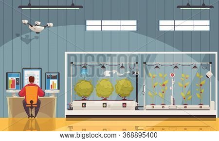 Smart Farm Composition With Indoor View Of Farmstead Building With Plants In Greenhouses And Monitor