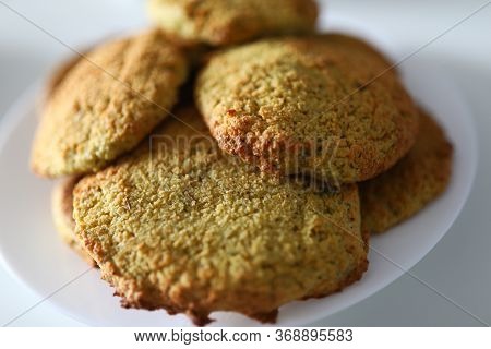 On Table Is Plate And Natural Homemade Cookies. Corn Flour Baking. Prepare Confectionery Yourself Du
