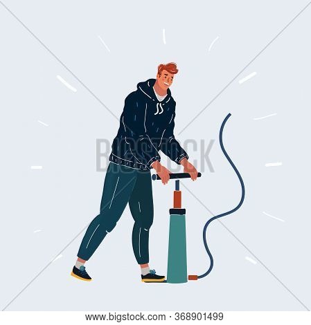 Vector Illustration Of Man Filling Air In With Pumper.