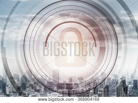 Global Cybersecurity Mixed Media With Virtual Locking Padlock On Cityscape Background. Data Cryptogr