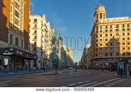 Madrid, Spain - January 22, 2018: Sunset View Of Walking People At Callao Square (plaza Del Callao) 