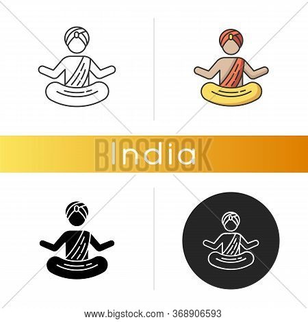 Yogi In Turban Icon. Practitioner Of Yoga. Physical And Mental Practices. Meditating Monk. Man In Lo