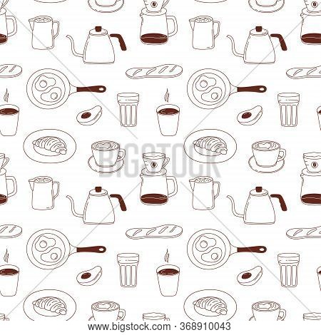 Coffee Seamless Pattern With Cappuccino, Cups, Coffee Pot, Milk, Croissant, Eggs, Bread And Avocado.