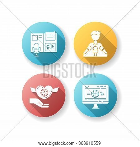 Public Relation Flat Design Long Shadow Glyph Icons Set. Advertorial Press Release. Spokesperson Wit