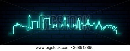 Blue Neon Skyline Of Glasgow City. Bright Glasgow Long Banner. Vector Illustration.
