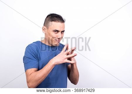 Evil Man Machining A Devilish Plan. Medium Plane, White Background