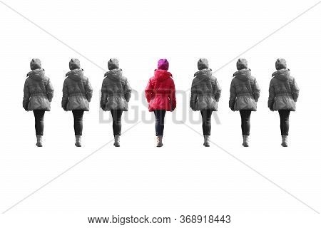 Abstract Photo Of Girl In Red Jacket From Back Between Black And White Images Of Same Girl Isolated 