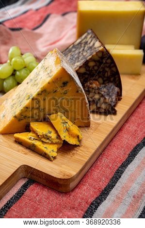 British And Irish Cheeses, Tasting Plate With Blue Shropshire, Brown Porter Cheese And Smoked Chedda