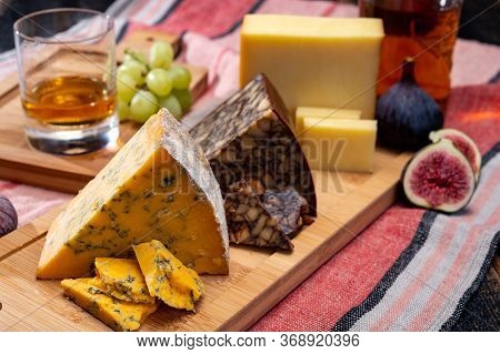 British And Irish Cheeses, Tasting Plate With Blue Shropshire, Brown Porter Cheese And Smoked Chedda
