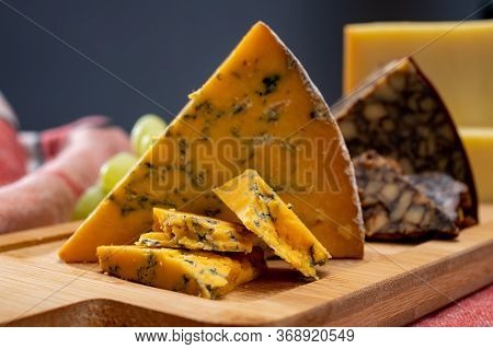 British And Irish Cheeses, Tasting Plate With Blue Shropshire, Brown Porter Cheese And Smoked Chedda