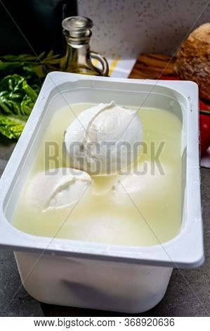 Cheese Shop, Fresh Handmade Soft Italian Cheese From Campania, White Balls Of Buffalo Mozzarella Che