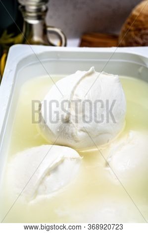 Cheese Shop, Fresh Handmade Soft Italian Cheese From Campania, White Balls Of Buffalo Mozzarella Che
