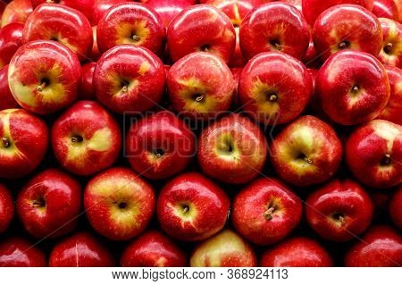 Fresh And Healthy Foods For Every Day Diet. Apples At The Supermarket Counter.