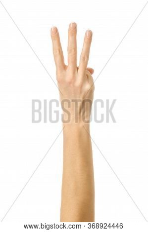 Number Three. Woman Hand With French Manicure Gesturing Isolated On White Background. Part Of Series