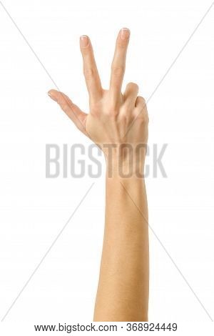 Number Three. Woman Hand With French Manicure Gesturing Isolated On White Background. Part Of Series