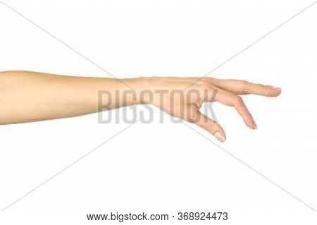 Hand Picking, Holding, Grabbing Or Reaching. Woman Hand With French Manicure Gesturing Isolated On W