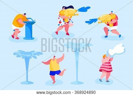 Happy People Splashing And Playing With Water In Hot Summer Time Season Weather. Male And Female Cha