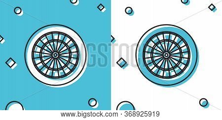 Black Classic Darts Board With Twenty Black And White Sectors Icon Isolated On Blue And White Backgr