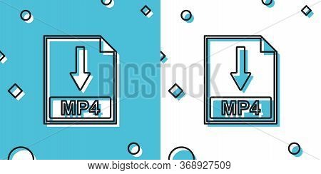 Black Mp4 File Document Icon. Download Mp4 Button Icon Isolated On Blue And White Background. Random