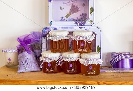 Kanaf, Israel, May 29, 2020 : Lavender Seeds And Odor Candles And Lavender Honey For Sale In A Store