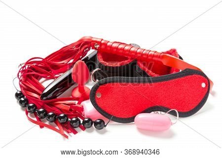 Bdsm Kit From Sex Shop. Leather Whip, Buttplug, Handcuffs, Balls, Vibrator Egg, Dildo, Gag And Blind