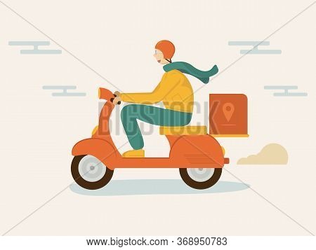 A Concept Of Happy Delivery Young Man. A Guy Riding Orange Scooter Or Moped Fast. Characters. Flat V