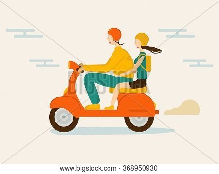 A Happy Couple Guy And Girl Riding A Scooter Moped. Flat Vector Illustration For Dating App Or Trave