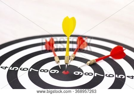 Right To Target Concept Using Darts In Bulseye On Darts Business Success Concept. Destruction Of Com