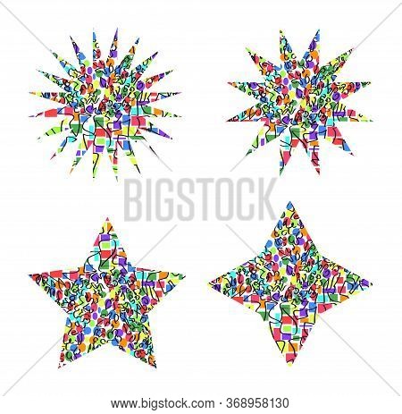 Set Of Hand Drawn Paint Object For Design Use. Acid Colors On Black Background. Abstract Brush Drawi