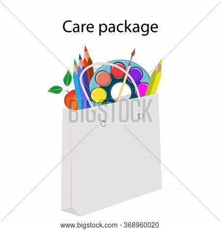 Stationery For Children, Paints, Pencils In A Paper Bag - Vector. Care Package Idea. Quarantine Box.