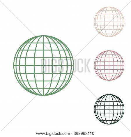Earth Globe Sign. Russian Green Icon With Small Jungle Green, Puce And Desert Sand Ones On White Bac