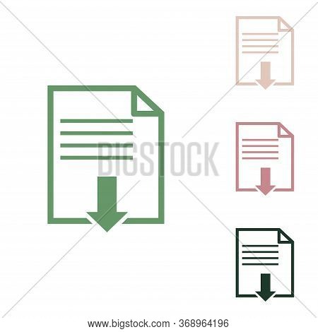 File Download Sign. Russian Green Icon With Small Jungle Green, Puce And Desert Sand Ones On White B