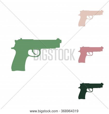 Gun Sign Illustration. Russian Green Icon With Small Jungle Green, Puce And Desert Sand Ones On Whit