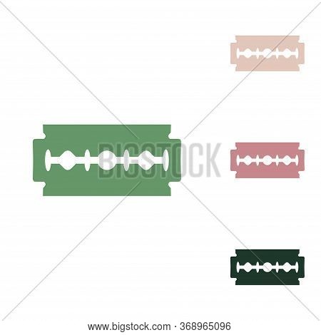 Razor Blade Sign. Russian Green Icon With Small Jungle Green, Puce And Desert Sand Ones On White Bac