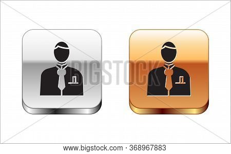 Black Businessman Or Stock Market Trader Icon Isolated On White Background. Silver-gold Square Butto