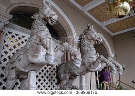 MUMBAI, INDIA - FEBRUARY 13, 2020: Horse statues, Taj Mahal Palace Hotel in Colaba region of Mumbai in Mumbai, India